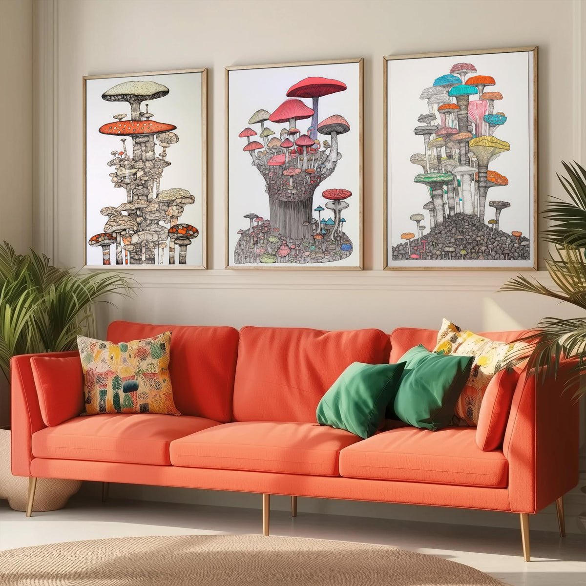 Mushroom Towers Set of Three Art Prints - Detailed Fungi Line Drawings - Whimsical Botanical Poster Illustration