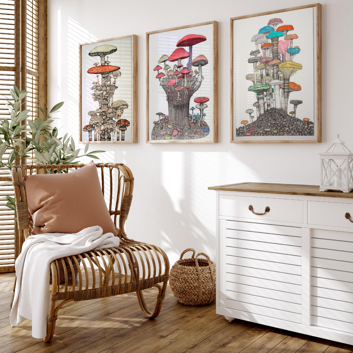 Mushroom Towers Set of Three Art Prints - Detailed Fungi Line Drawings - Whimsical Botanical Poster Illustration