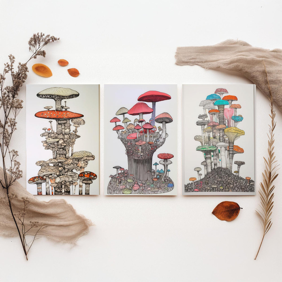 Mushroom Towers Set of Three Art Prints - Detailed Fungi Line Drawings - Whimsical Botanical Poster Illustration