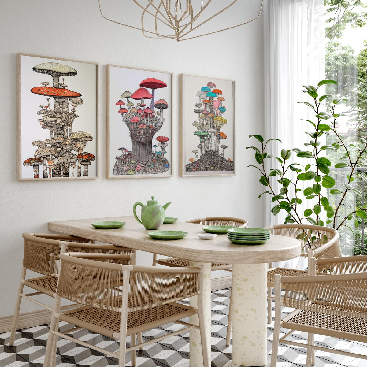Mushroom Towers Set of Three Art Prints - Detailed Fungi Line Drawings - Whimsical Botanical Poster Illustration
