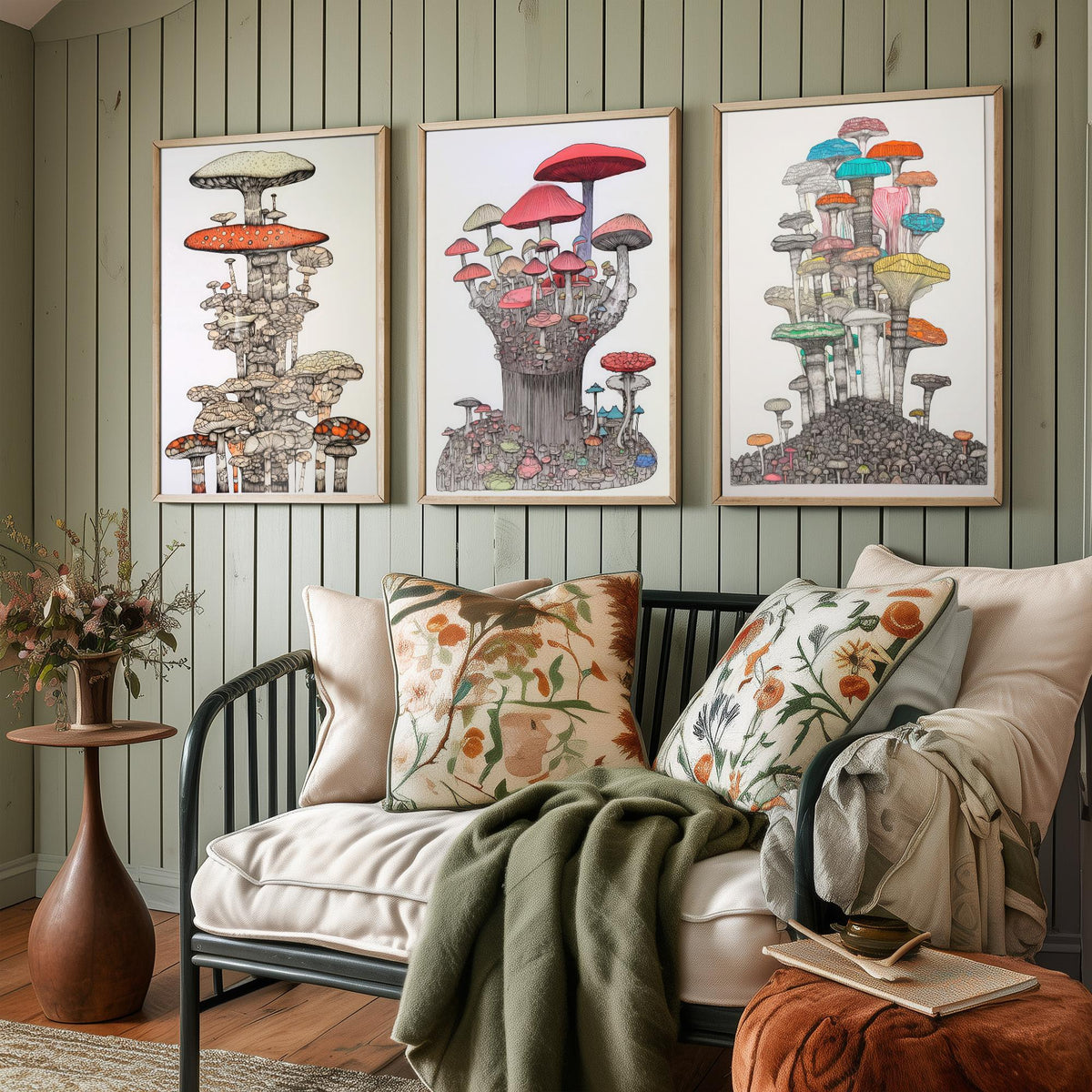 Mushroom Towers Set of Three Art Prints - Detailed Fungi Line Drawings - Whimsical Botanical Poster Illustration