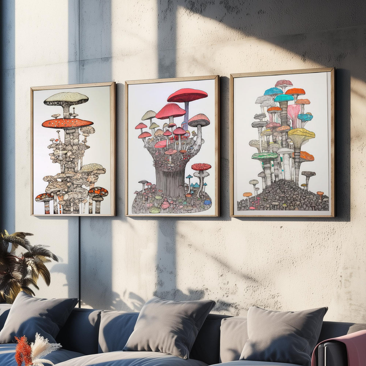 Mushroom Towers Set of Three Art Prints - Detailed Fungi Line Drawings - Whimsical Botanical Poster Illustration