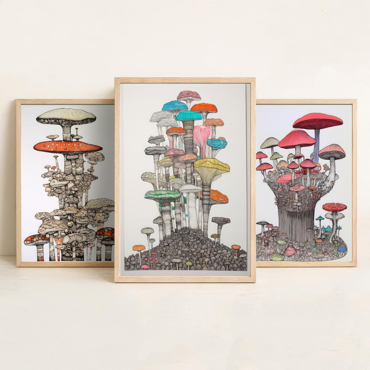 Mushroom Towers Set of Three Art Prints - Detailed Fungi Line Drawings - Whimsical Botanical Poster Illustration
