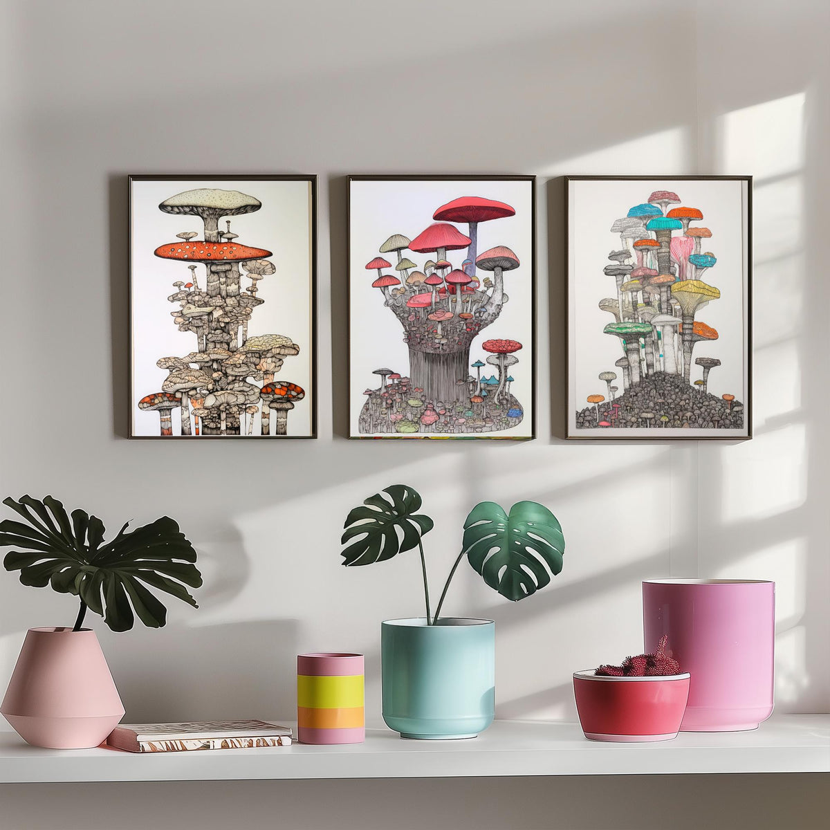 Mushroom Towers Set of Three Art Prints - Detailed Fungi Line Drawings - Whimsical Botanical Poster Illustration
