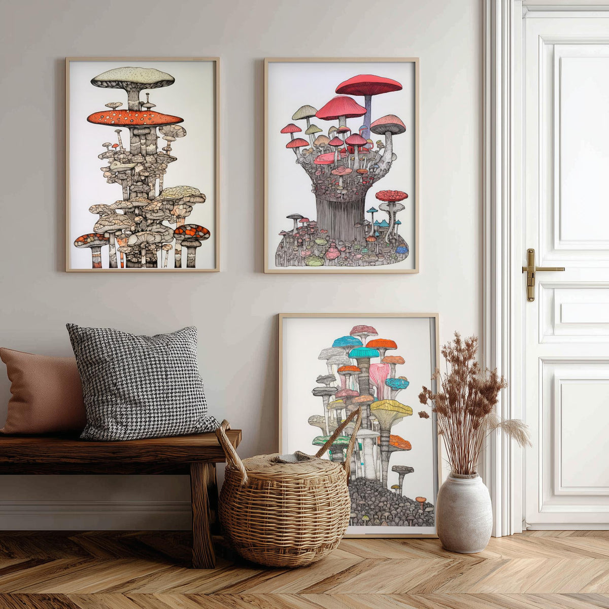 Mushroom Towers Set of Three Art Prints - Detailed Fungi Line Drawings - Whimsical Botanical Poster Illustration