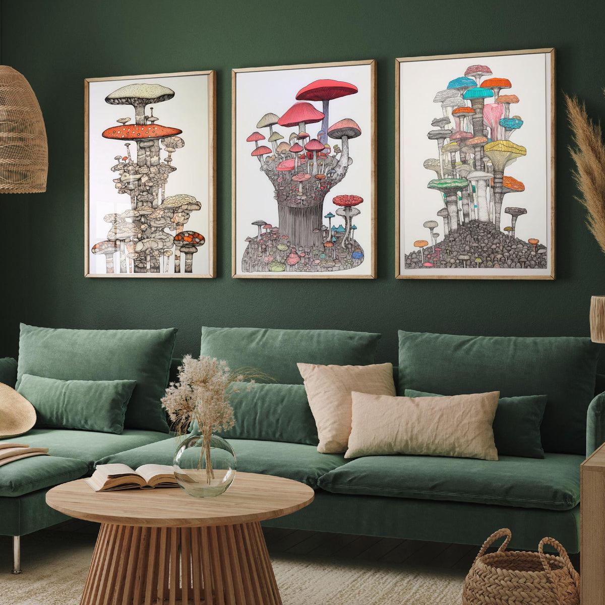 Mushroom Towers Set of Three Art Prints - Detailed Fungi Line Drawings - Whimsical Botanical Poster Illustration