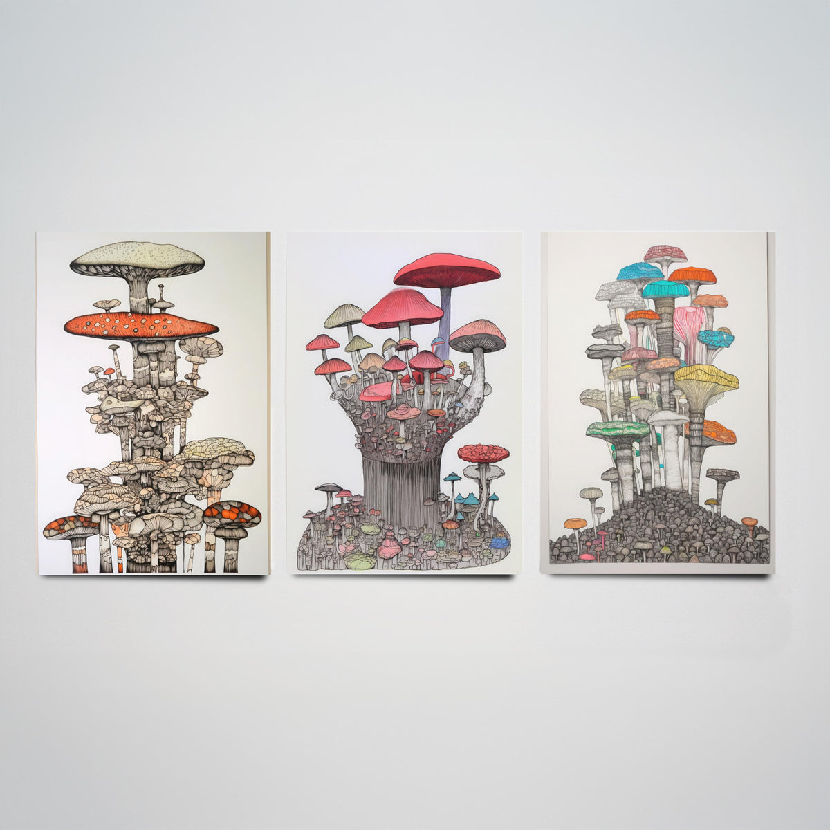 Mushroom Towers Set of Three Art Prints - Detailed Fungi Line Drawings - Whimsical Botanical Poster Illustration