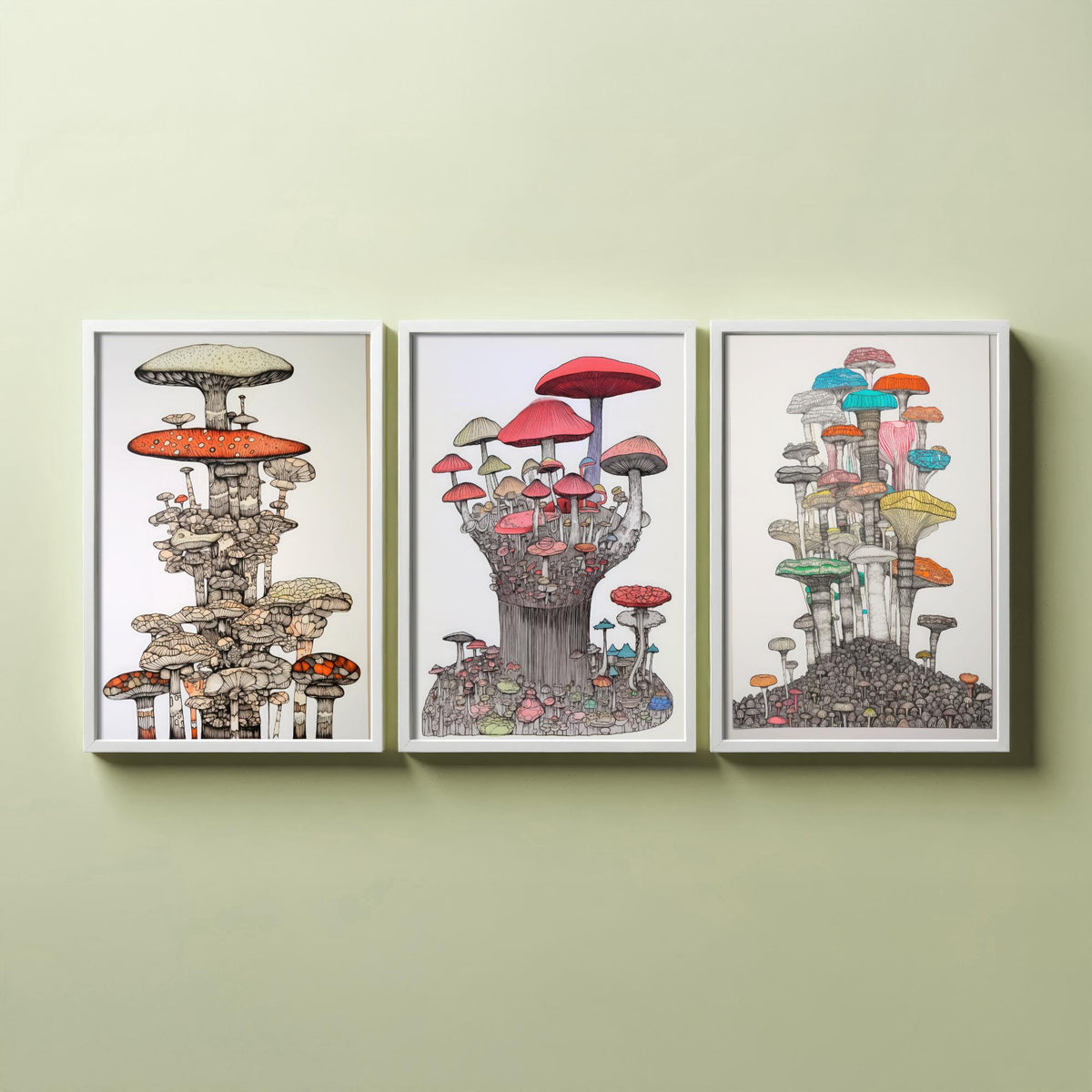 Mushroom Towers Set of Three Art Prints - Detailed Fungi Line Drawings - Whimsical Botanical Poster Illustration