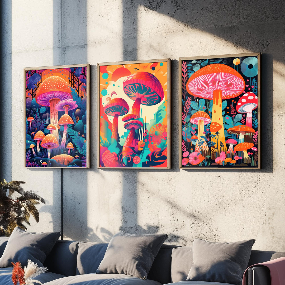 Psychedelic Mushrooms Set of Three Art Prints - Neon Toadstool Forest - Bold Retro Poster Illustration