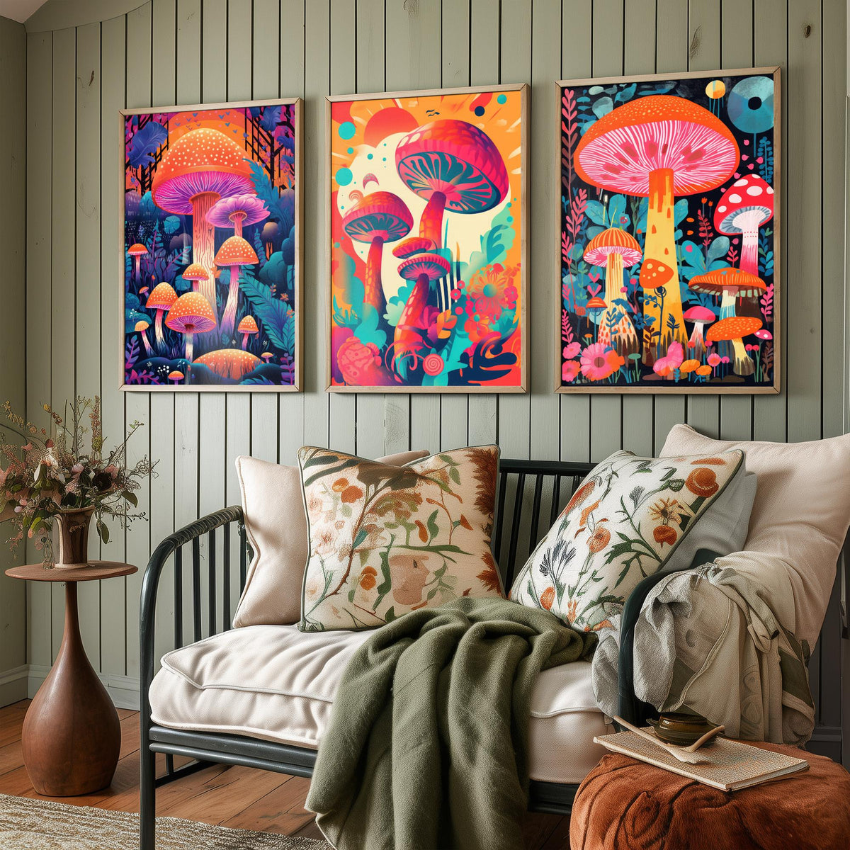 Psychedelic Mushrooms Set of Three Art Prints - Neon Toadstool Forest - Bold Retro Poster Illustration