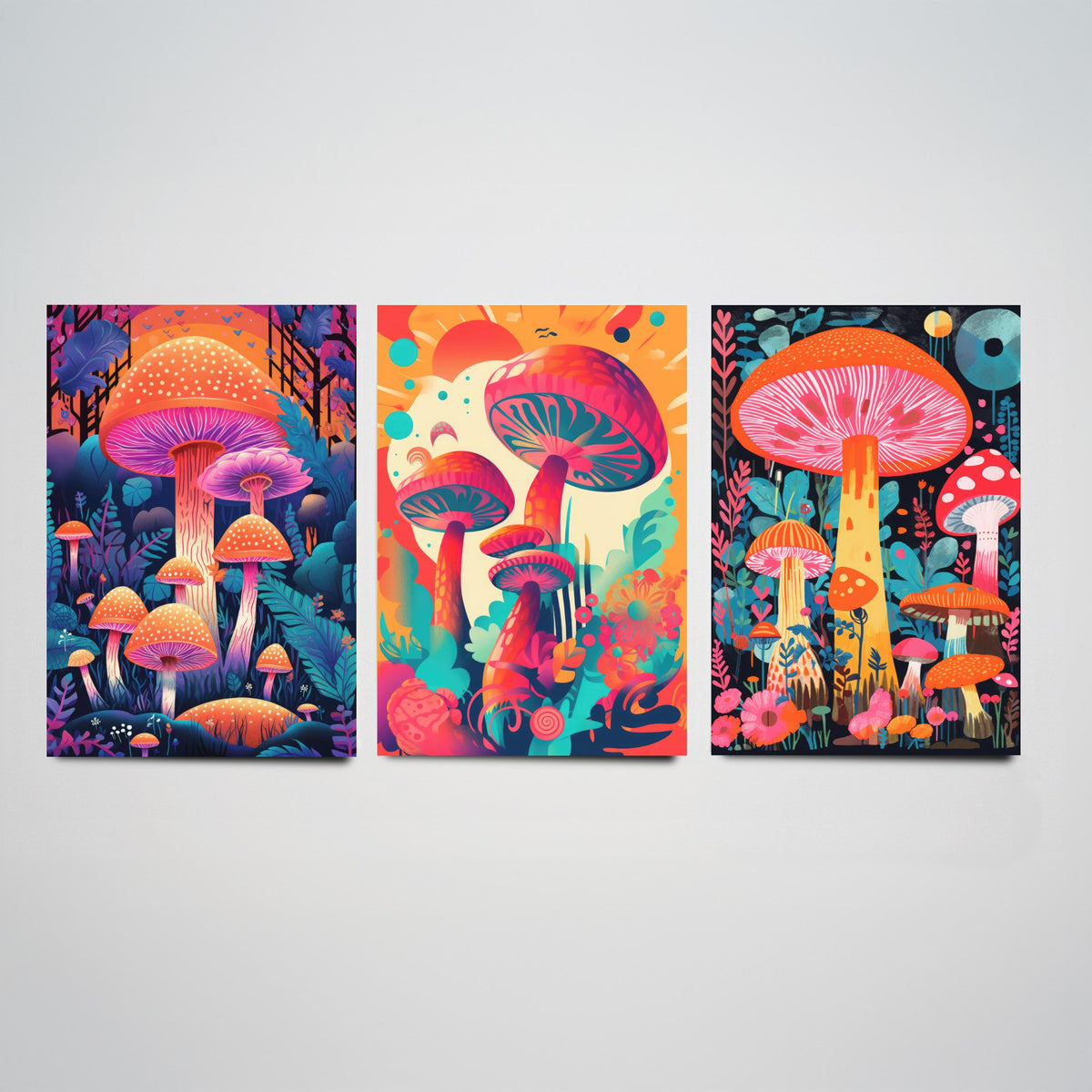Psychedelic Mushrooms Set of Three Art Prints - Neon Toadstool Forest - Bold Retro Poster Illustration