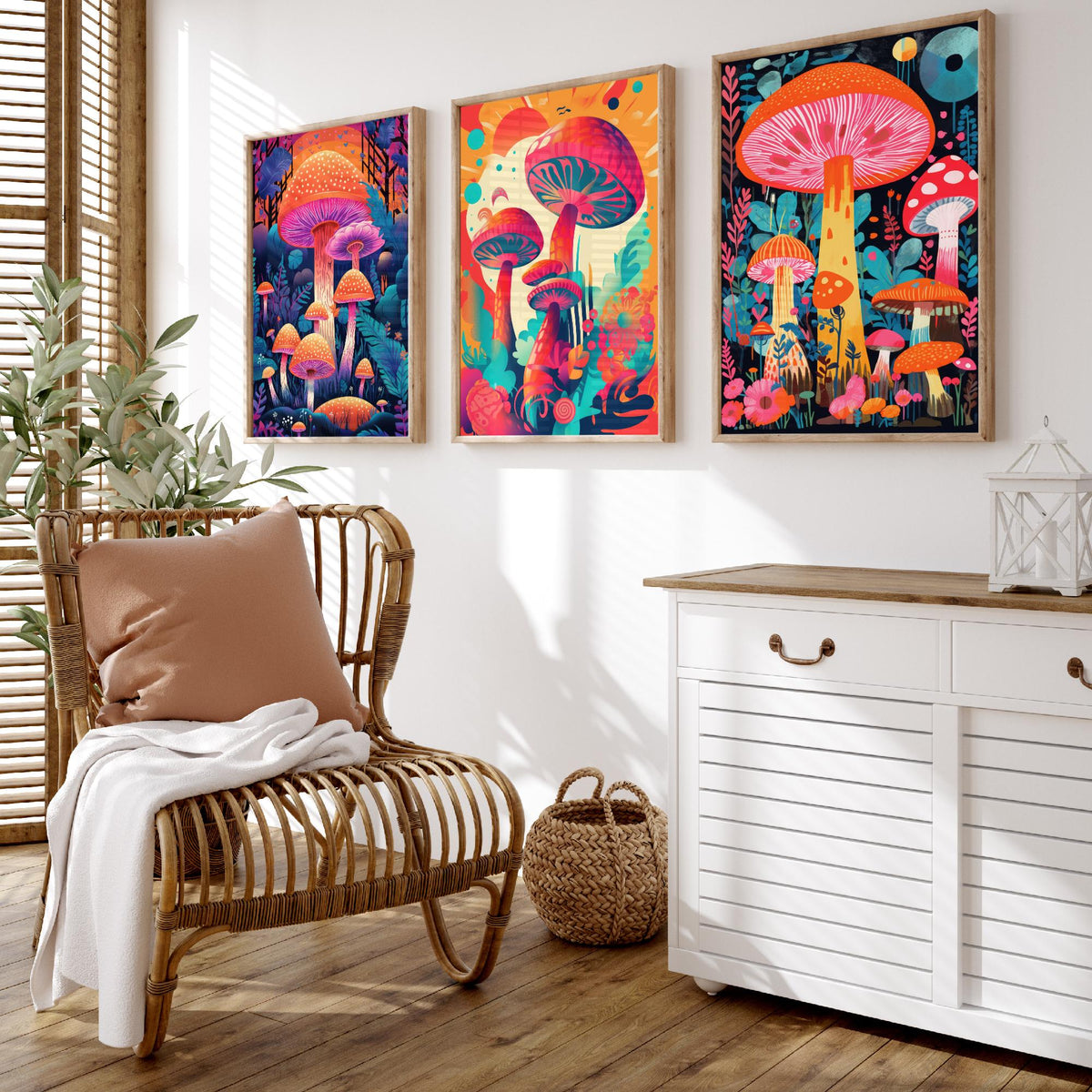 Psychedelic Mushrooms Set of Three Art Prints - Neon Toadstool Forest - Bold Retro Poster Illustration