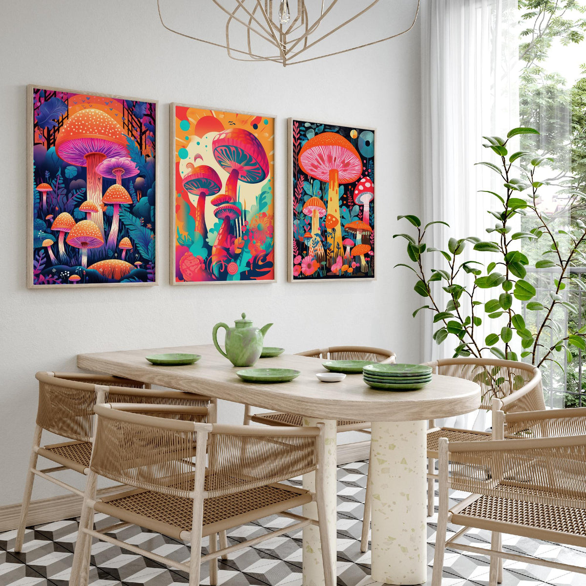 Psychedelic Mushrooms Set of Three Art Prints - Neon Toadstool Forest - Bold Retro Poster Illustration