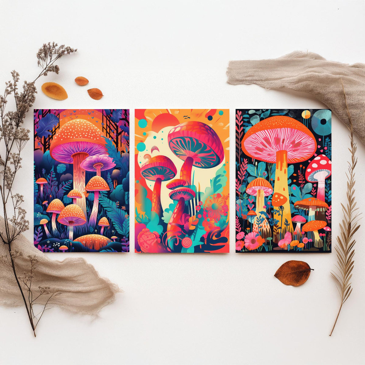 Psychedelic Mushrooms Set of Three Art Prints - Neon Toadstool Forest - Bold Retro Poster Illustration