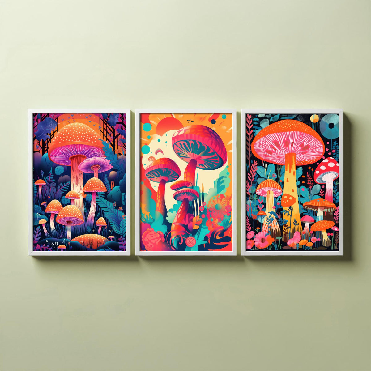 Psychedelic Mushrooms Set of Three Art Prints - Neon Toadstool Forest - Bold Retro Poster Illustration