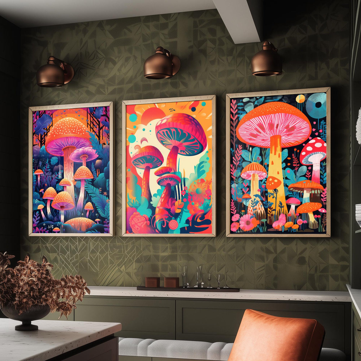 Psychedelic Mushrooms Set of Three Art Prints - Neon Toadstool Forest - Bold Retro Poster Illustration