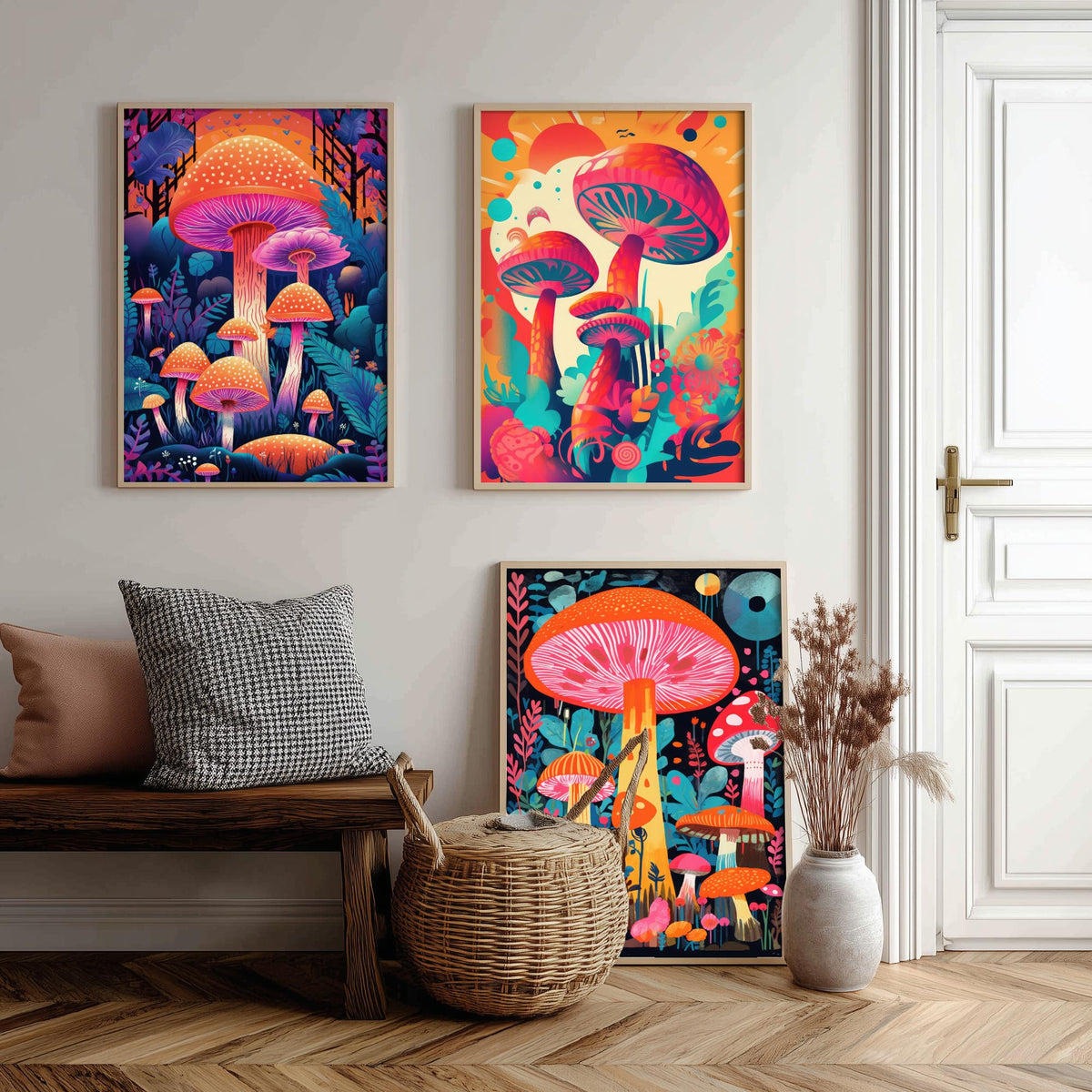 Psychedelic Mushrooms Set of Three Art Prints - Neon Toadstool Forest - Bold Retro Poster Illustration