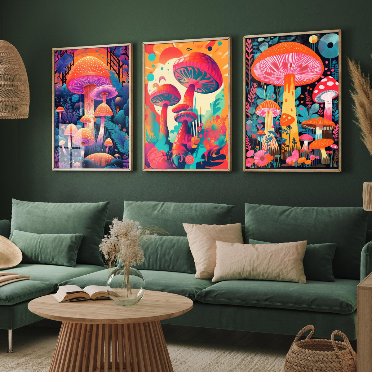 Psychedelic Mushrooms Set of Three Art Prints - Neon Toadstool Forest - Bold Retro Poster Illustration