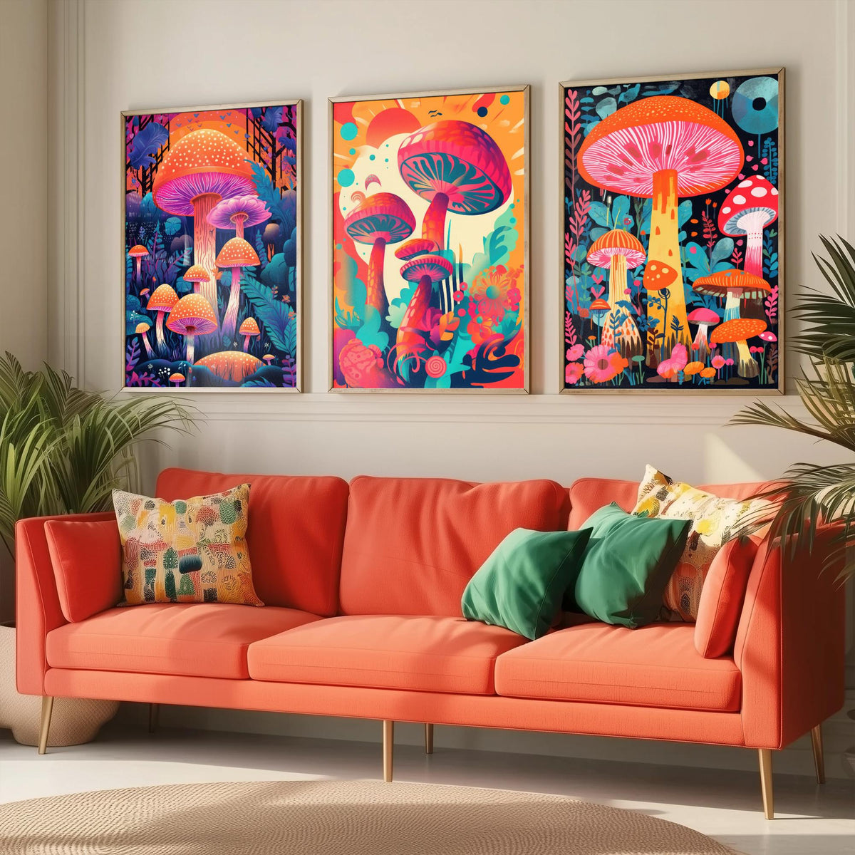 Psychedelic Mushrooms Set of Three Art Prints - Neon Toadstool Forest - Bold Retro Poster Illustration
