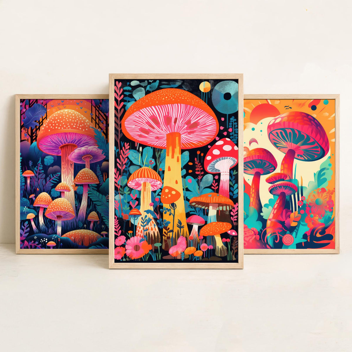 Psychedelic Mushrooms Set of Three Art Prints - Neon Toadstool Forest - Bold Retro Poster Illustration