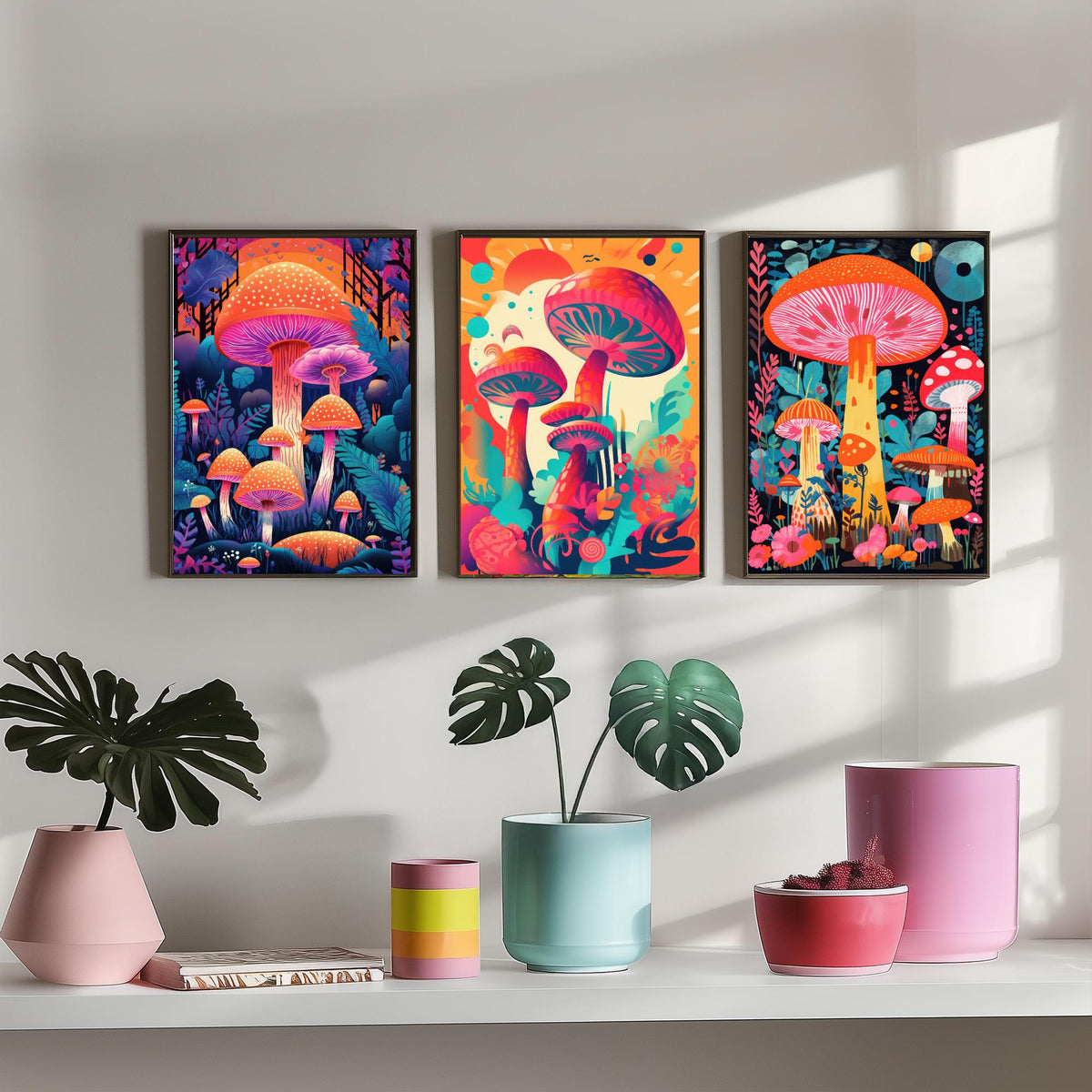 Psychedelic Mushrooms Set of Three Art Prints - Neon Toadstool Forest - Bold Retro Poster Illustration