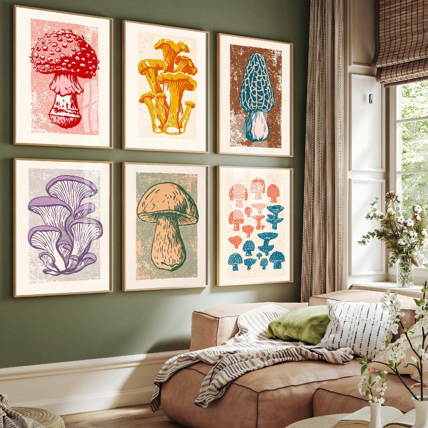 Set of Six Mushroom Linocut Art Prints - 6 Fungi Illustrations - Poster - Fly Agaric, Chanterelle, Morel, Oyster, Porcini, Toadstool