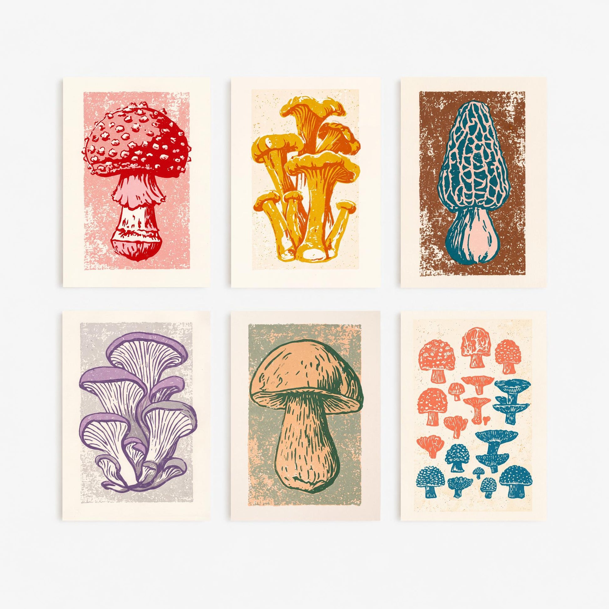 Set of Six Mushroom Linocut Art Prints - 6 Fungi Illustrations - Poster - Fly Agaric, Chanterelle, Morel, Oyster, Porcini, Toadstool