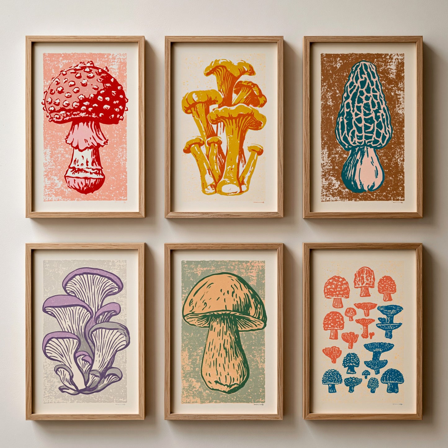 Set of Six Mushroom Linocut Art Prints - 6 Fungi Illustrations - Poster - Fly Agaric, Chanterelle, Morel, Oyster, Porcini, Toadstool