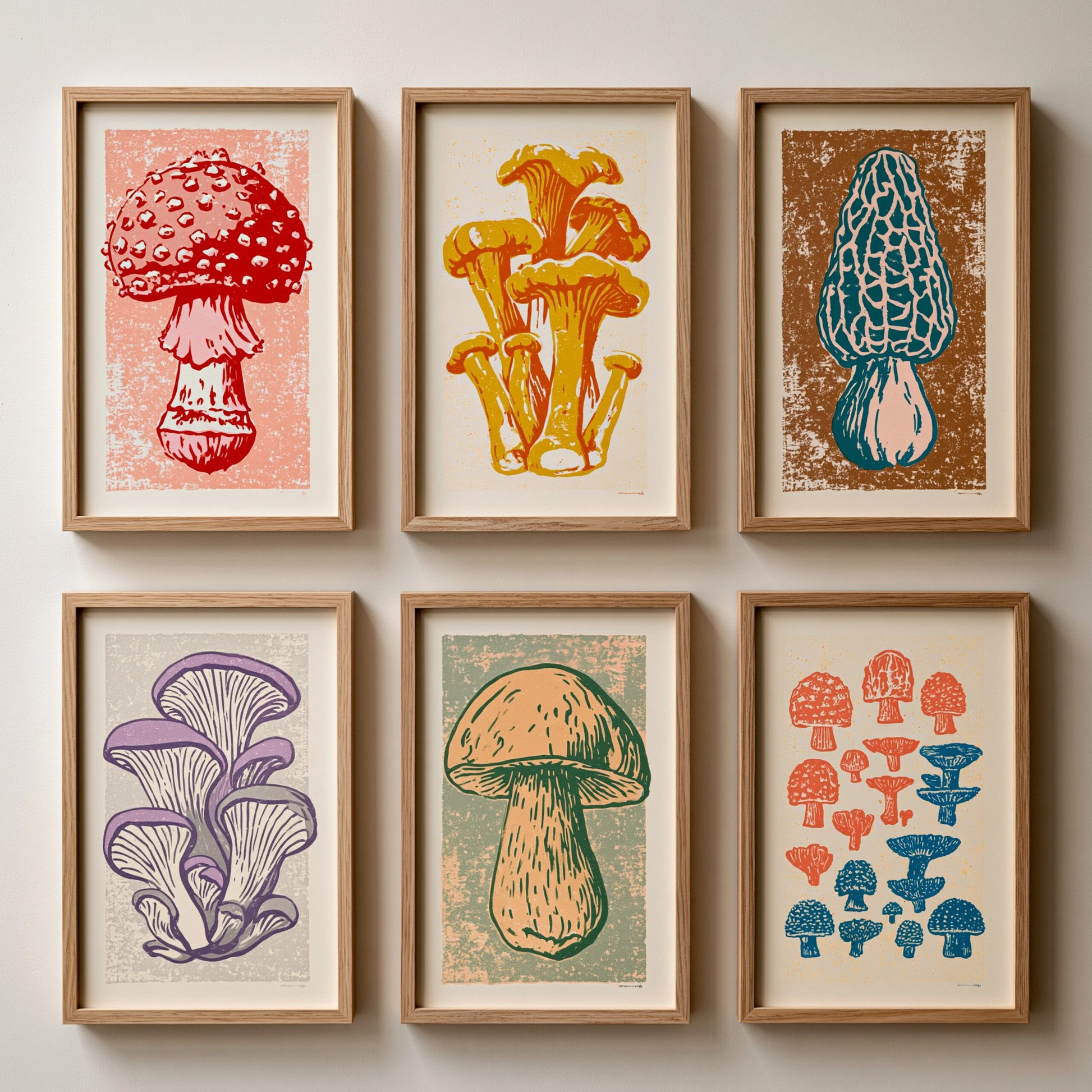 Set of Six Mushroom Linocut Art Prints - 6 Fungi Illustrations - Poster - Fly Agaric, Chanterelle, Morel, Oyster, Porcini, Toadstool