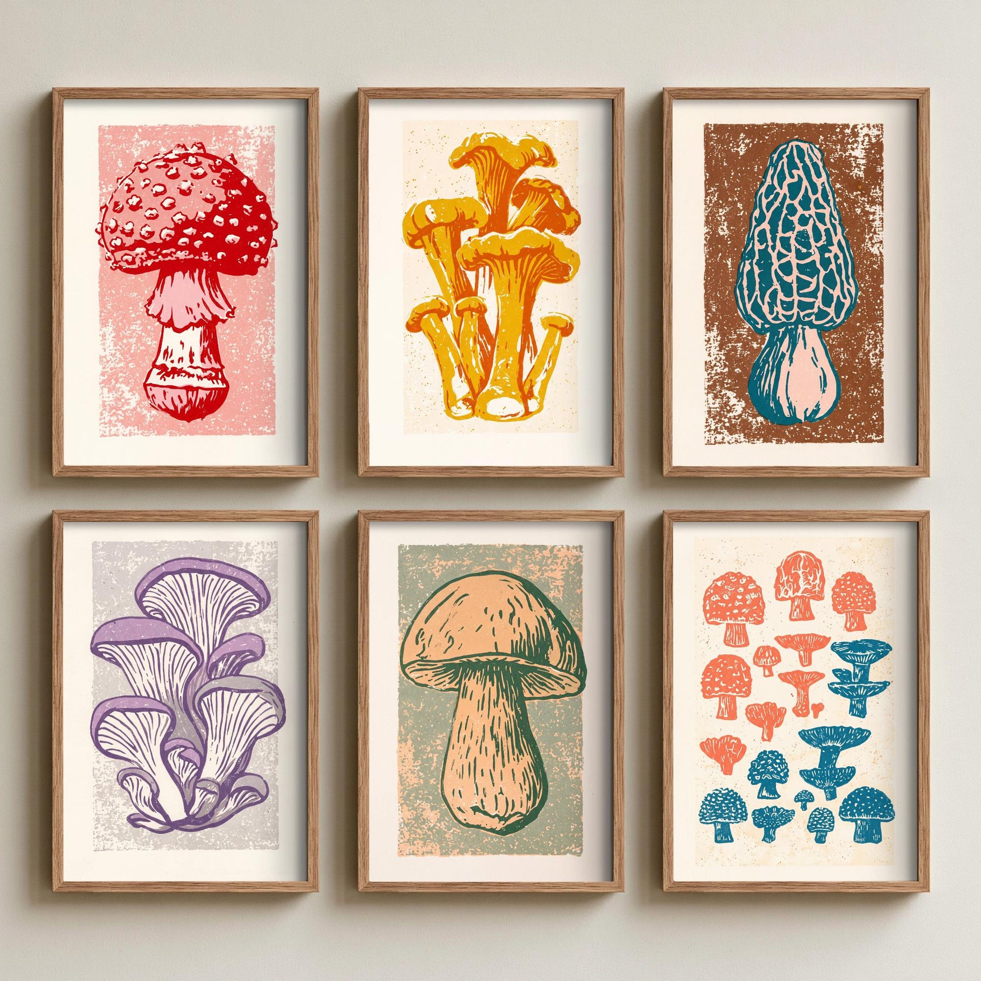 Set of Six Mushroom Linocut Art Prints - 6 Fungi Illustrations - Poster - Fly Agaric, Chanterelle, Morel, Oyster, Porcini, Toadstool