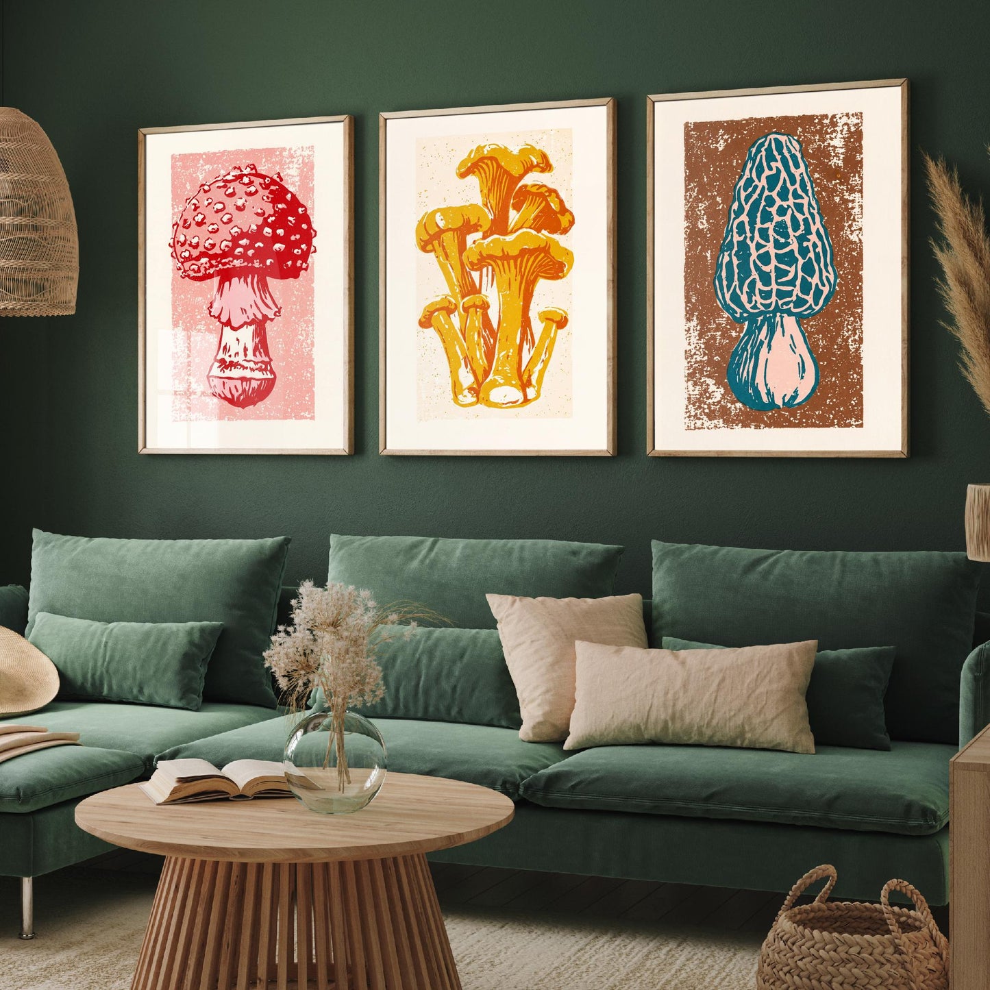 Mushroom Linocut Set of Three Art Prints V1 - Fly Agaric Chanterelle and Morel - Bold Fungi Illustrations - Retro Botanical Poster