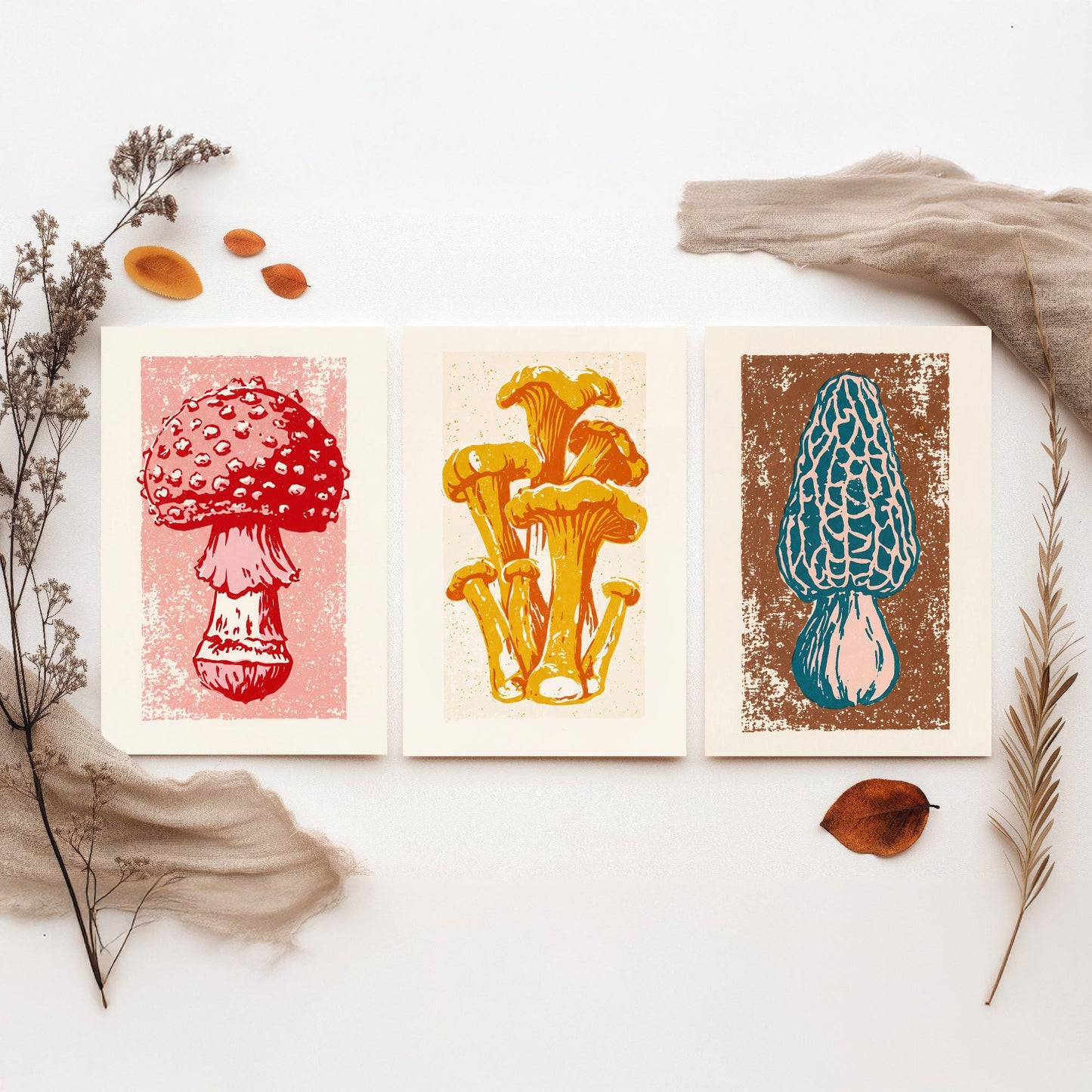 Mushroom Linocut Set of Three Art Prints V1 - Fly Agaric Chanterelle and Morel - Bold Fungi Illustrations - Retro Botanical Poster