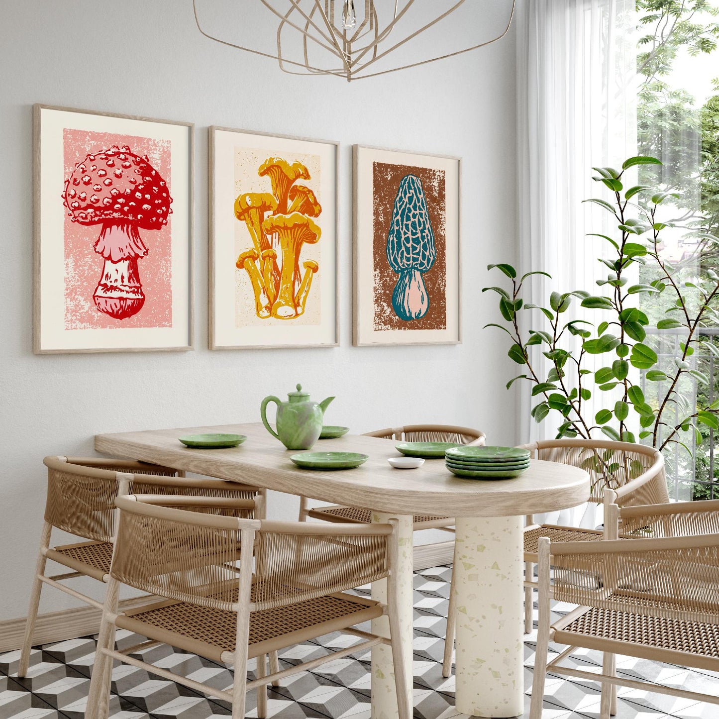 Mushroom Linocut Set of Three Art Prints V1 - Fly Agaric Chanterelle and Morel - Bold Fungi Illustrations - Retro Botanical Poster