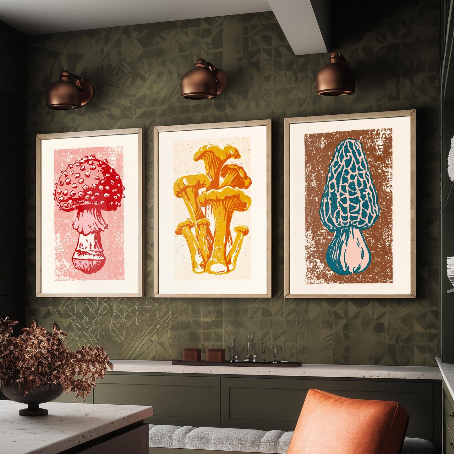 Mushroom Linocut Set of Three Art Prints V1 - Fly Agaric Chanterelle and Morel - Bold Fungi Illustrations - Retro Botanical Poster