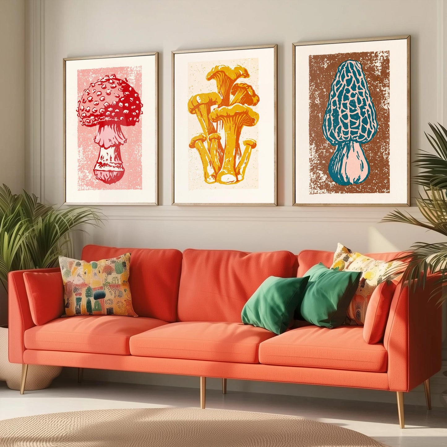 Mushroom Linocut Set of Three Art Prints V1 - Fly Agaric Chanterelle and Morel - Bold Fungi Illustrations - Retro Botanical Poster