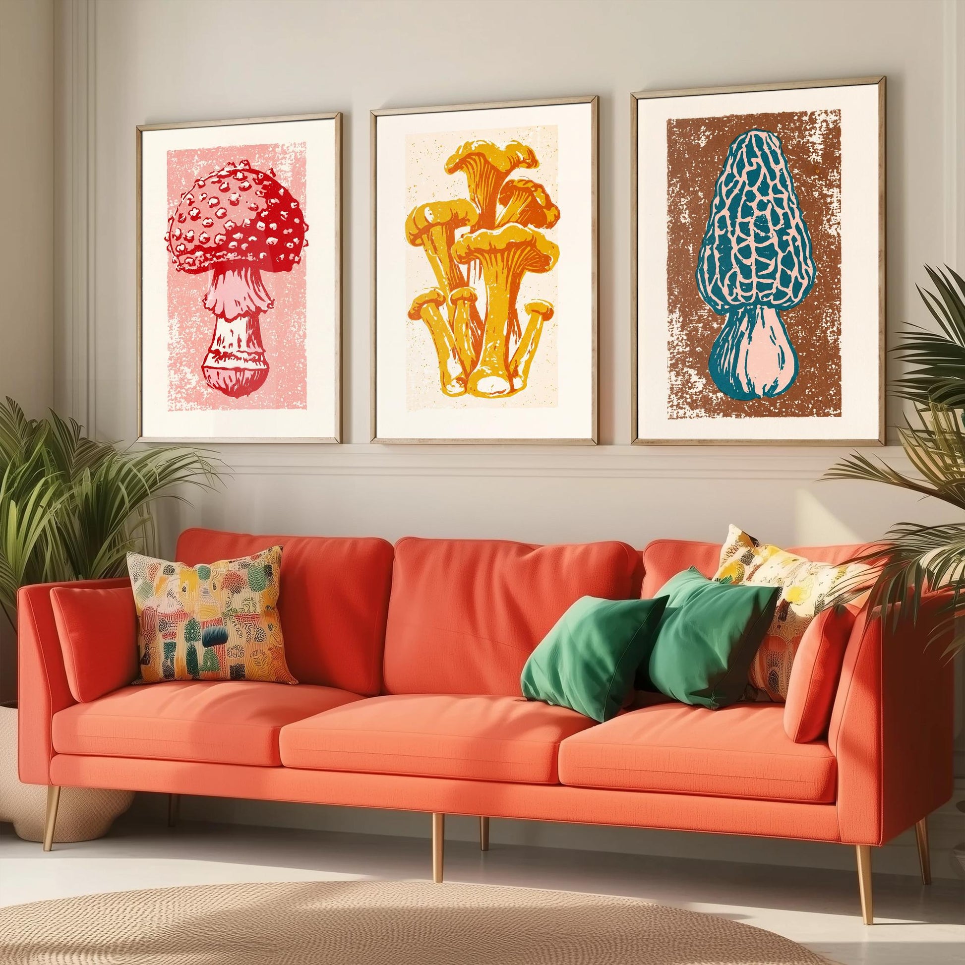 Mushroom Linocut Set of Three Art Prints V1 - Fly Agaric Chanterelle and Morel - Bold Fungi Illustrations - Retro Botanical Poster