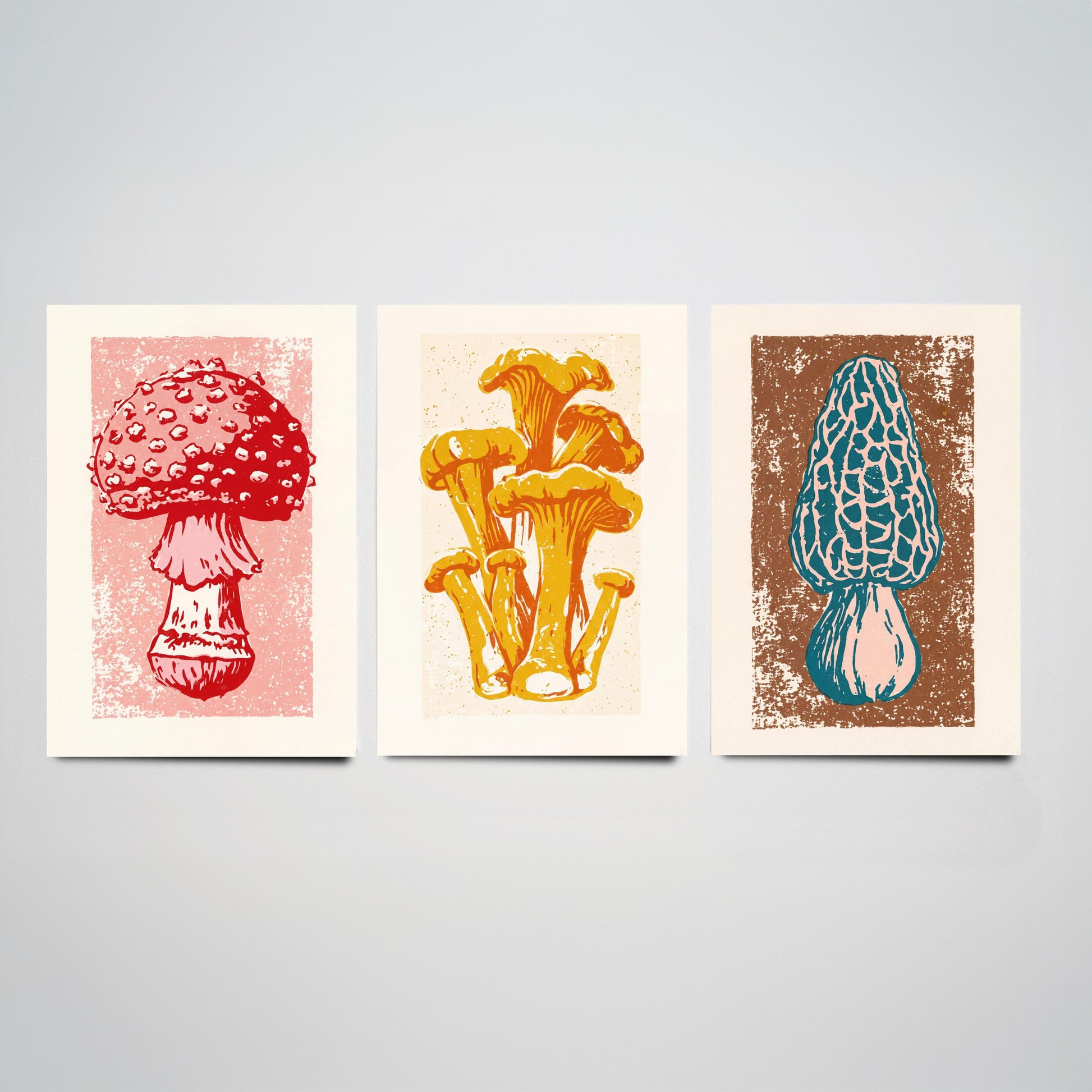 Mushroom Linocut Set of Three Art Prints V1 - Fly Agaric Chanterelle and Morel - Bold Fungi Illustrations - Retro Botanical Poster