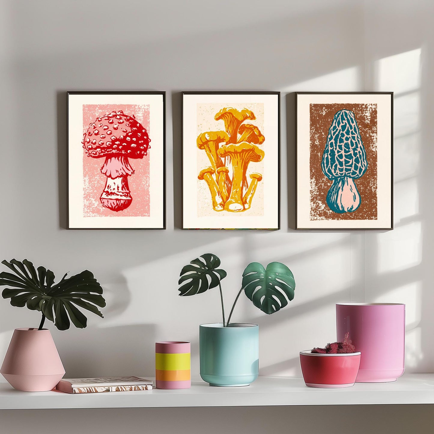 Mushroom Linocut Set of Three Art Prints V1 - Fly Agaric Chanterelle and Morel - Bold Fungi Illustrations - Retro Botanical Poster