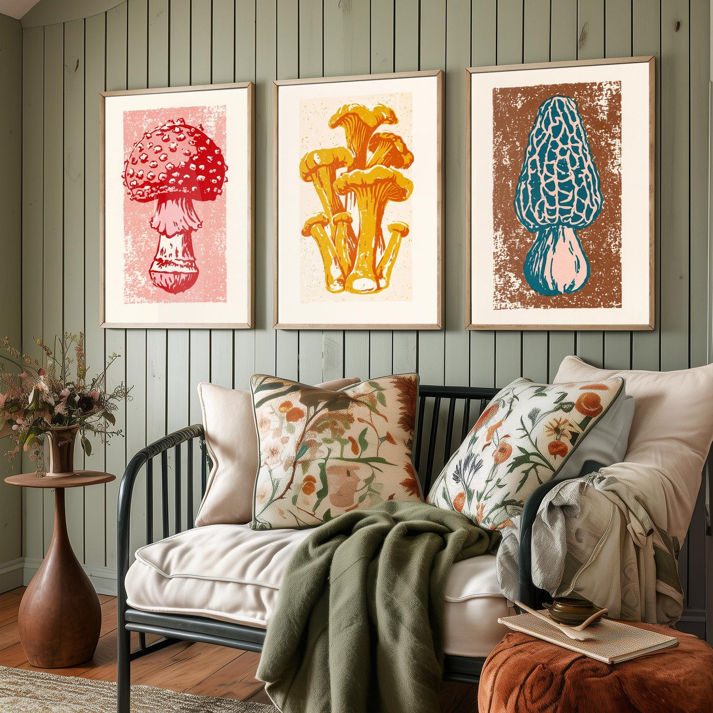 Mushroom Linocut Set of Three Art Prints V1 - Fly Agaric Chanterelle and Morel - Bold Fungi Illustrations - Retro Botanical Poster