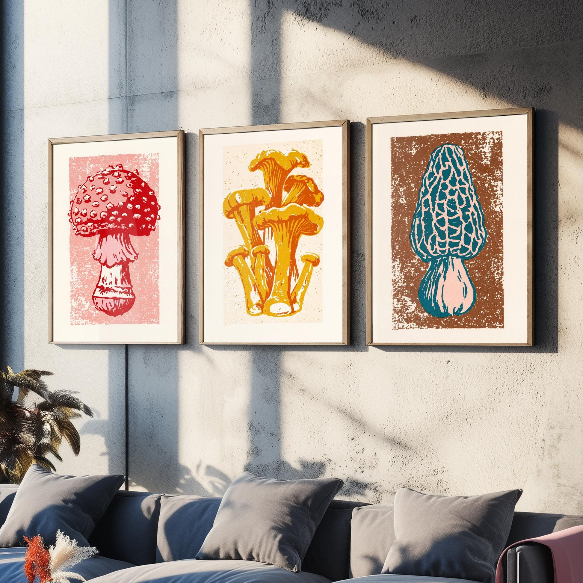 Mushroom Linocut Set of Three Art Prints V1 - Fly Agaric Chanterelle and Morel - Bold Fungi Illustrations - Retro Botanical Poster