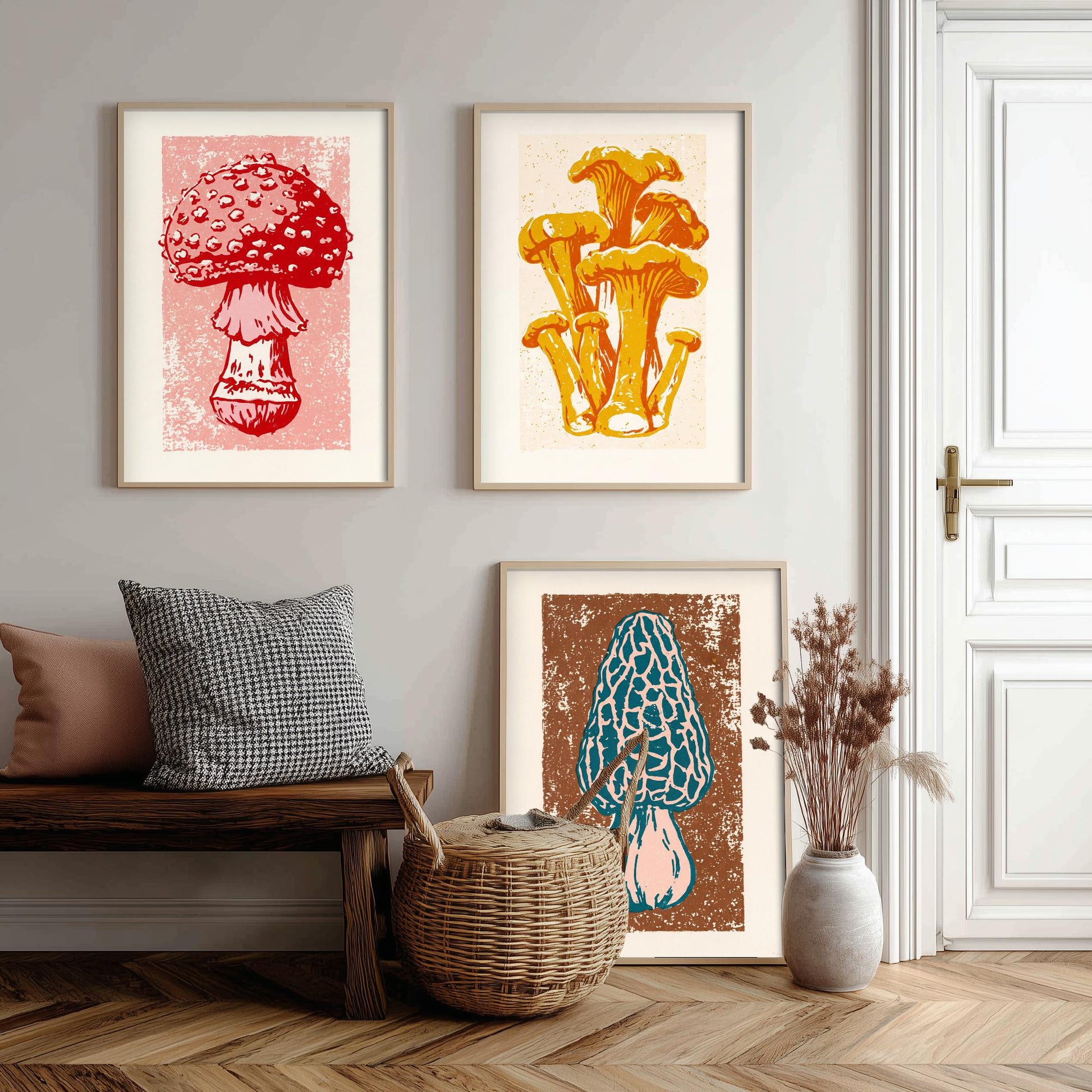 Mushroom Linocut Set of Three Art Prints V1 - Fly Agaric Chanterelle and Morel - Bold Fungi Illustrations - Retro Botanical Poster