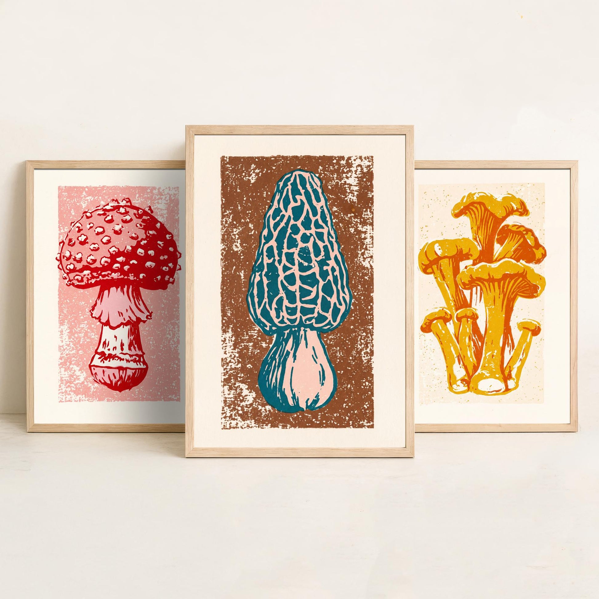 Mushroom Linocut Set of Three Art Prints V1 - Fly Agaric Chanterelle and Morel - Bold Fungi Illustrations - Retro Botanical Poster