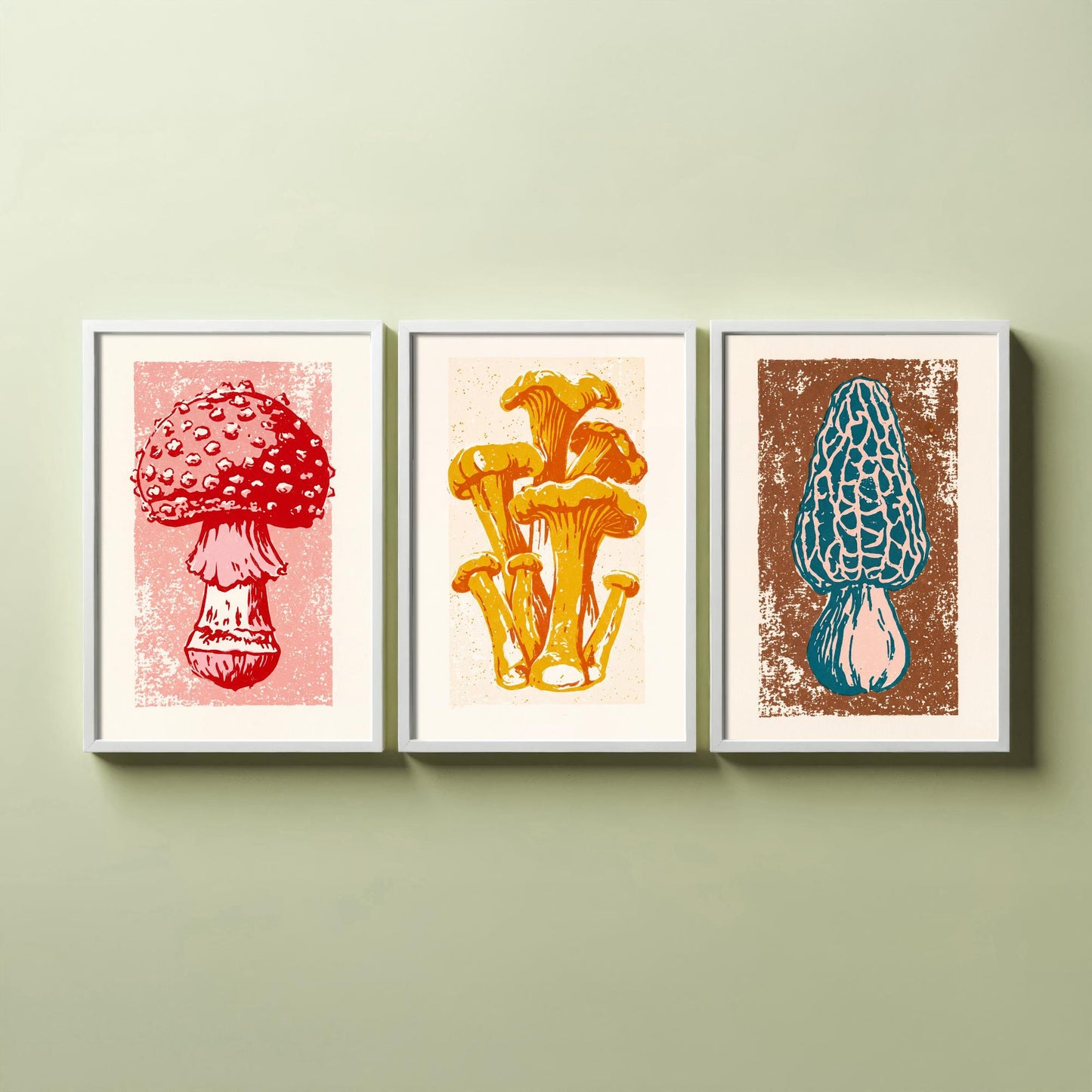 Mushroom Linocut Set of Three Art Prints V1 - Fly Agaric Chanterelle and Morel - Bold Fungi Illustrations - Retro Botanical Poster