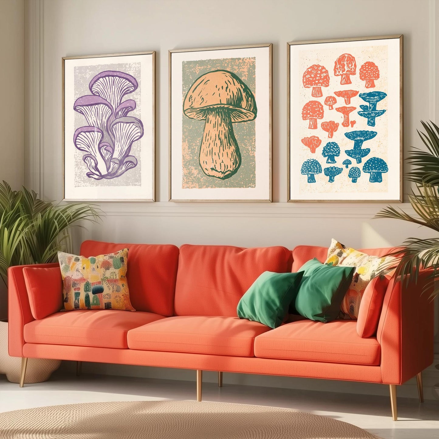 Mushroom Linocut Set of Three Art Prints V2 - Oyster Mushrooms Porcini and Fungi Chart - Bold Illustrations - Retro Botanical Poster
