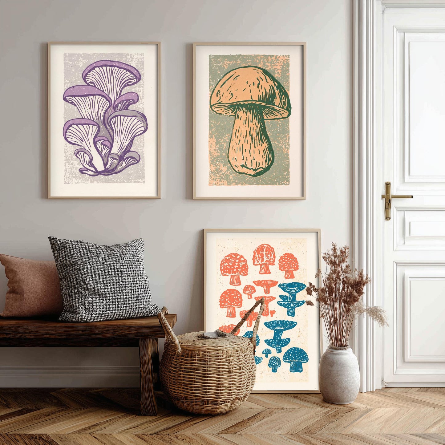 Mushroom Linocut Set of Three Art Prints V2 - Oyster Mushrooms Porcini and Fungi Chart - Bold Illustrations - Retro Botanical Poster