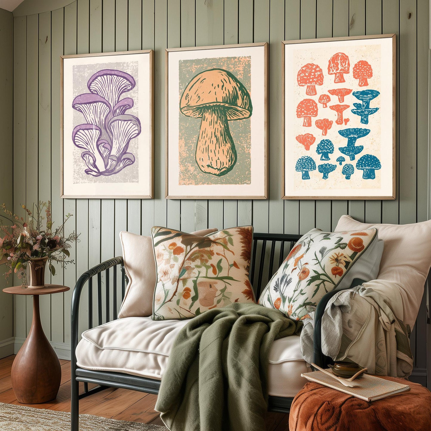 Mushroom Linocut Set of Three Art Prints V2 - Oyster Mushrooms Porcini and Fungi Chart - Bold Illustrations - Retro Botanical Poster