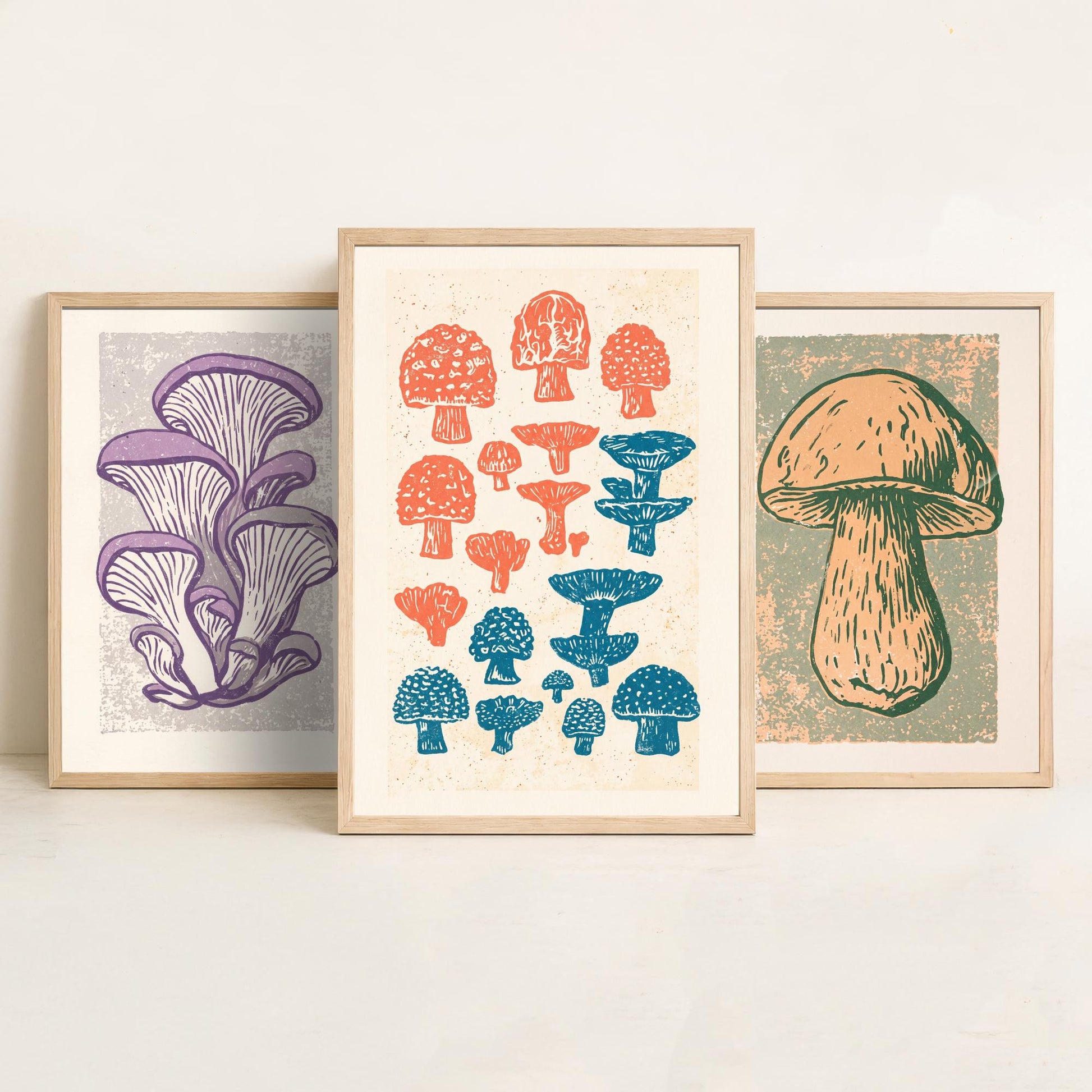 Mushroom Linocut Set of Three Art Prints V2 - Oyster Mushrooms Porcini and Fungi Chart - Bold Illustrations - Retro Botanical Poster