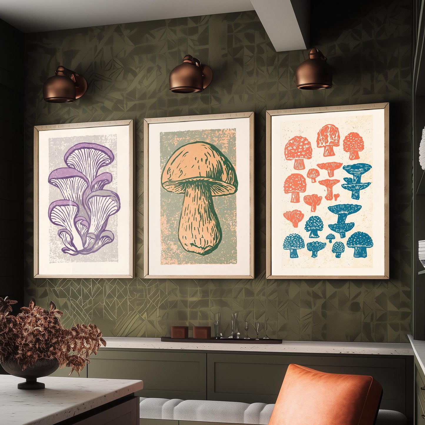 Mushroom Linocut Set of Three Art Prints V2 - Oyster Mushrooms Porcini and Fungi Chart - Bold Illustrations - Retro Botanical Poster