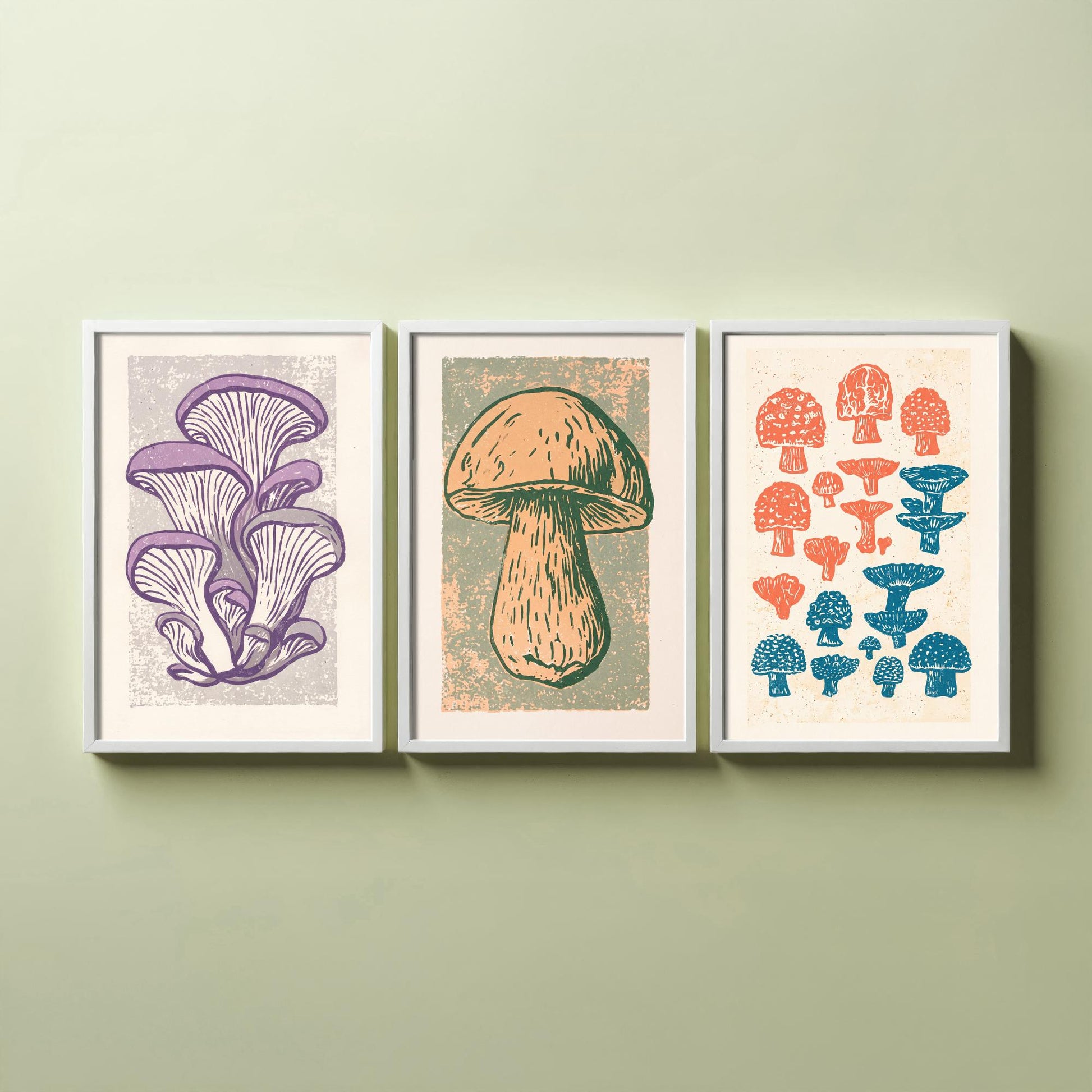 Mushroom Linocut Set of Three Art Prints V2 - Oyster Mushrooms Porcini and Fungi Chart - Bold Illustrations - Retro Botanical Poster