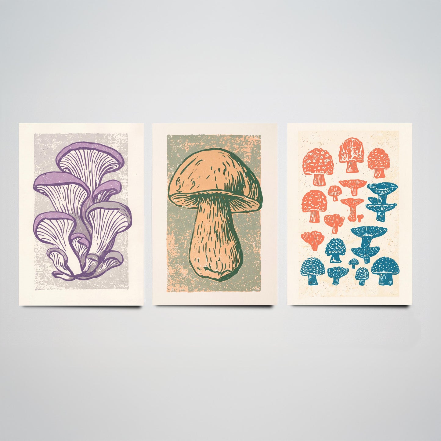 Mushroom Linocut Set of Three Art Prints V2 - Oyster Mushrooms Porcini and Fungi Chart - Bold Illustrations - Retro Botanical Poster